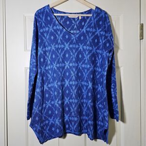 Soft Surroundings Blue Southwest IKAT Print Long Sleeve T-Shirt Top - SZ M